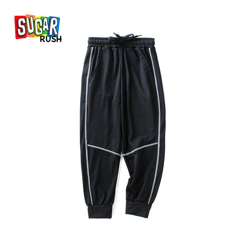 Boys Black Mid Rise Side Stripes Joggers