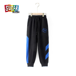 Boys Black & Blue Striped Mid-Rise Cotton Joggers Trousers