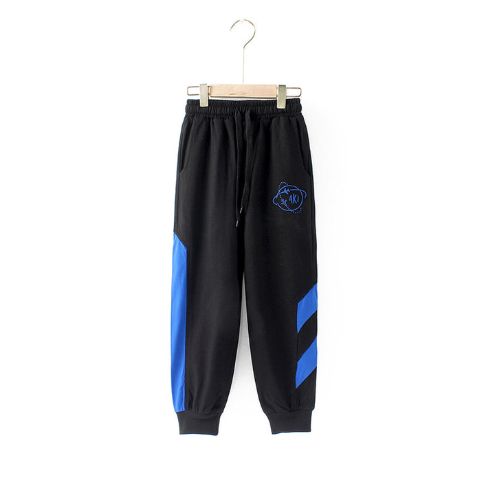 Boys Black & Blue Striped Mid-Rise Cotton Joggers Trousers