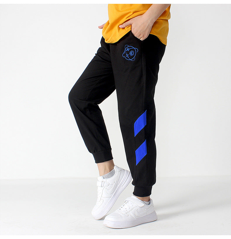 Boys Black & Blue Striped Mid-Rise Cotton Joggers Trousers
