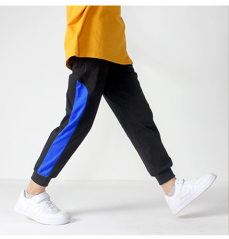 Boys Black & Blue Striped Mid-Rise Cotton Joggers Trousers