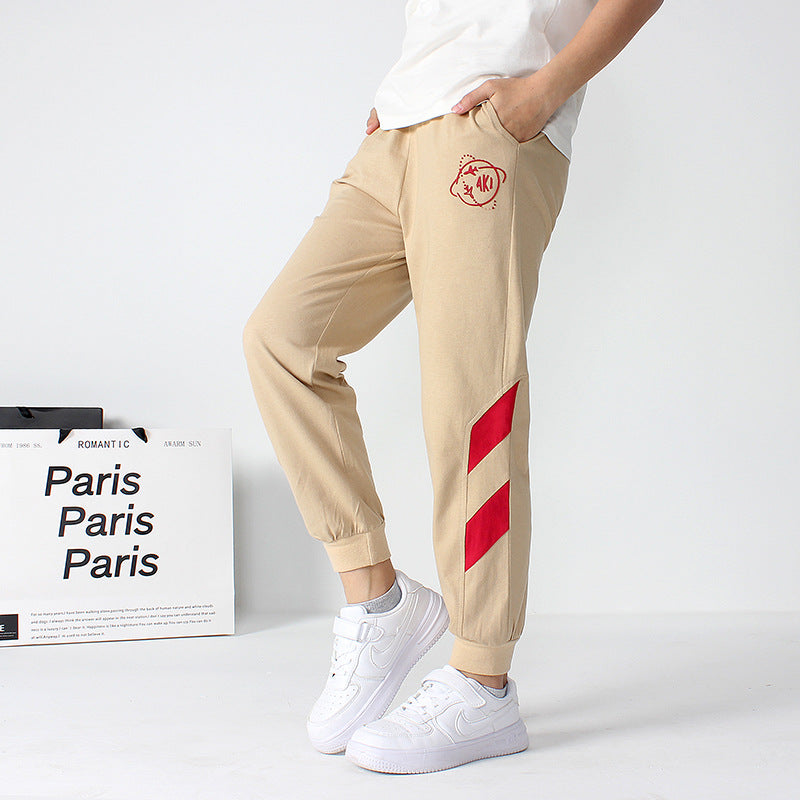 Boys Beige Striped Easy Wash Cotton Joggers