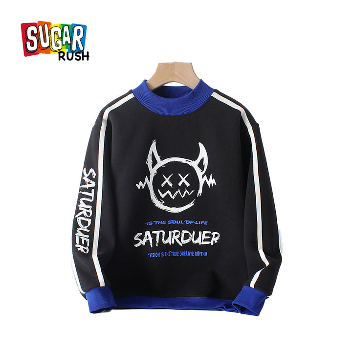 Boys Black Typography Printed Pullover Cotton Sweatshirt