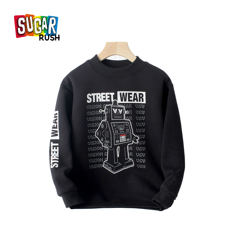 Boys Black Graphic Printed Cotton Pullover