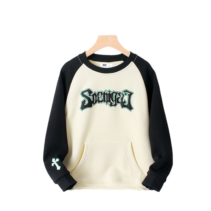 Boys Beige Typography Printed Cotton Round Neck Pullover