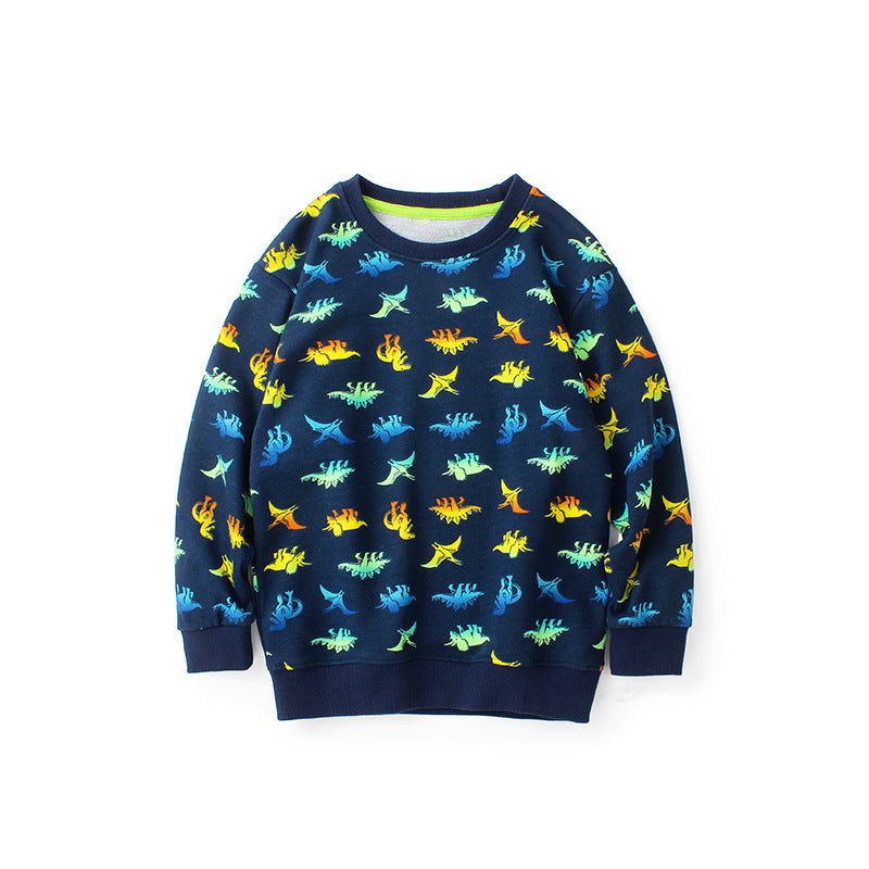 Boys Navy Blue & Yellow Conversational Printed Cotton Pullover