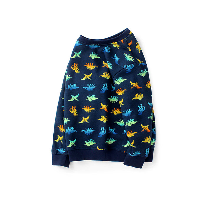 Boys Navy Blue & Yellow Conversational Printed Cotton Pullover