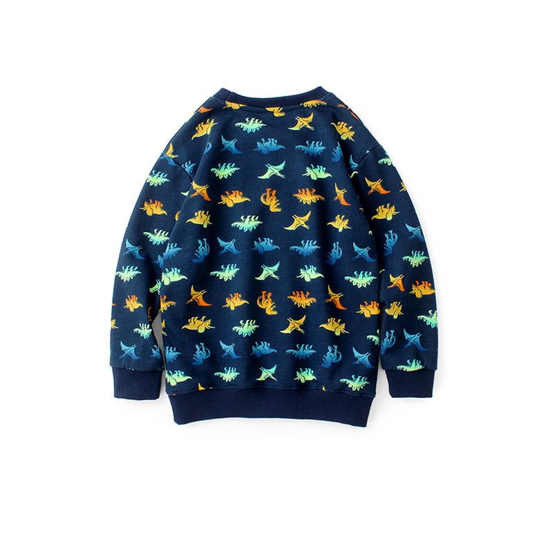 Boys Navy Blue & Yellow Conversational Printed Cotton Pullover