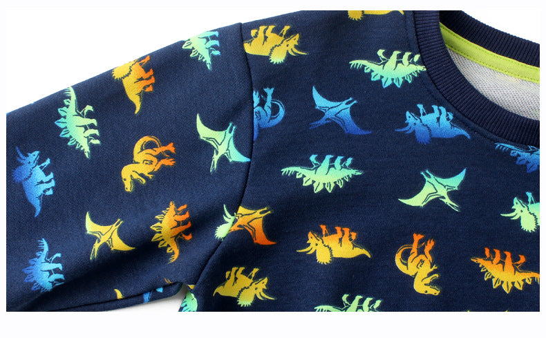 Boys Navy Blue & Yellow Conversational Printed Cotton Pullover