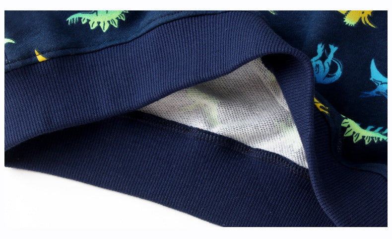 Boys Navy Blue & Yellow Conversational Printed Cotton Pullover