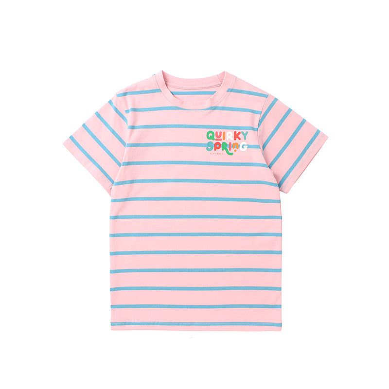 Girls Round Neck Short Sleeves Striped Regular Fit Cotton T-shirt