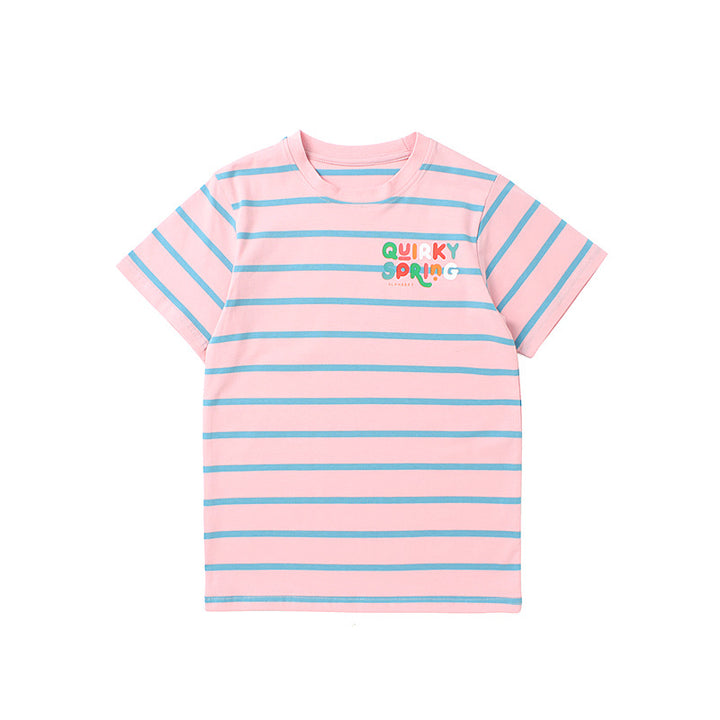 Girls Round Neck Short Sleeves Striped Regular Fit Cotton T-shirt
