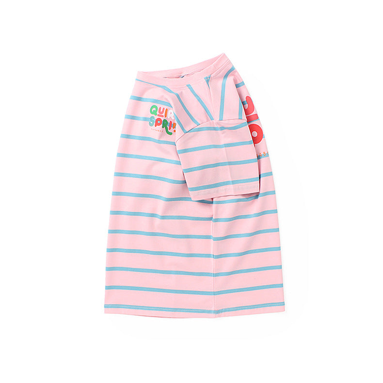 Girls Round Neck Short Sleeves Striped Regular Fit Cotton T-shirt