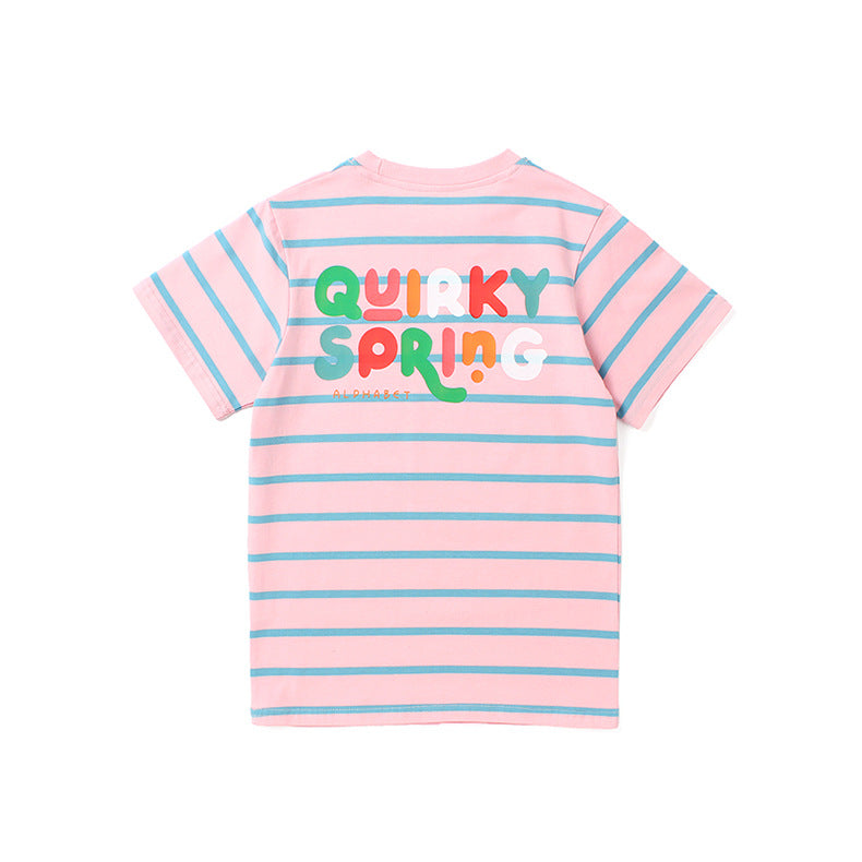 Girls Round Neck Short Sleeves Striped Regular Fit Cotton T-shirt