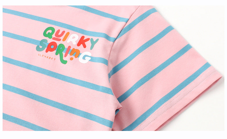 Girls Round Neck Short Sleeves Striped Regular Fit Cotton T-shirt