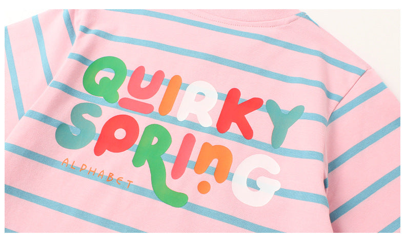 Girls Round Neck Short Sleeves Striped Regular Fit Cotton T-shirt