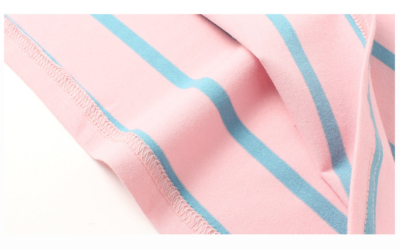 Girls Round Neck Short Sleeves Striped Regular Fit Cotton T-shirt