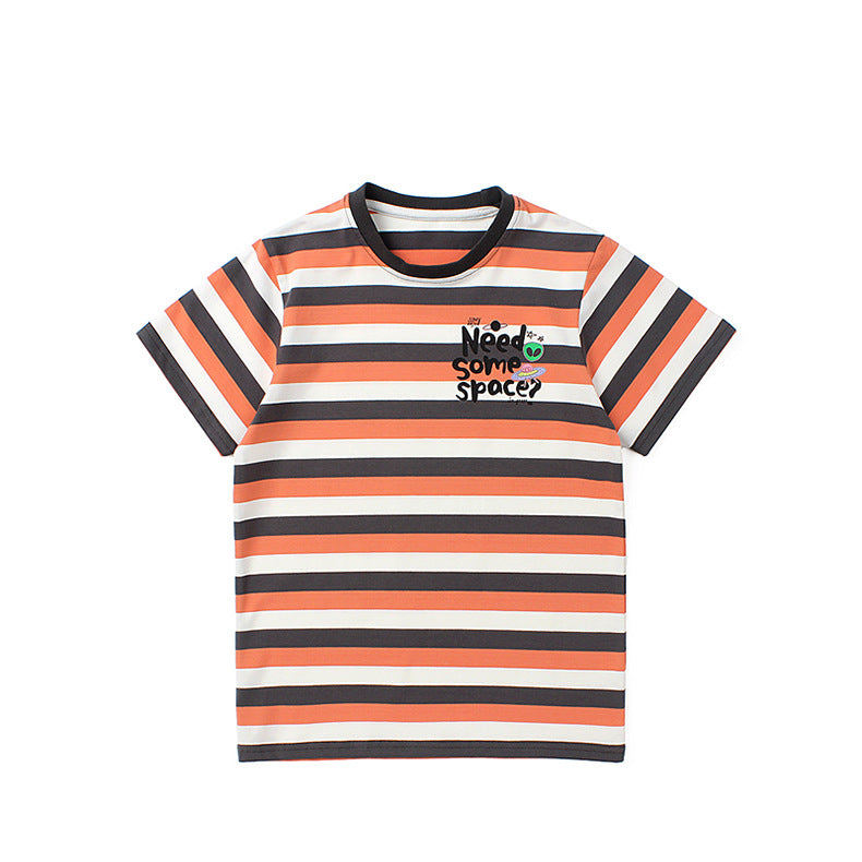 Girls Orange Striped Round Neck Cotton T-shirt