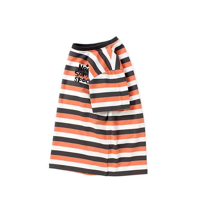 Girls Orange Striped Round Neck Cotton T-shirt