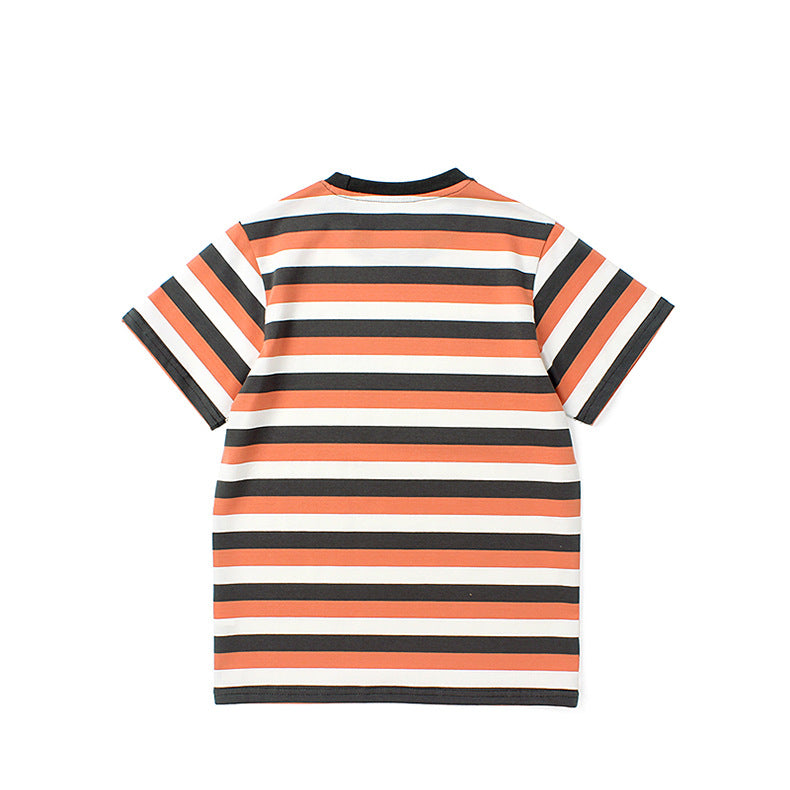 Girls Orange Striped Round Neck Cotton T-shirt