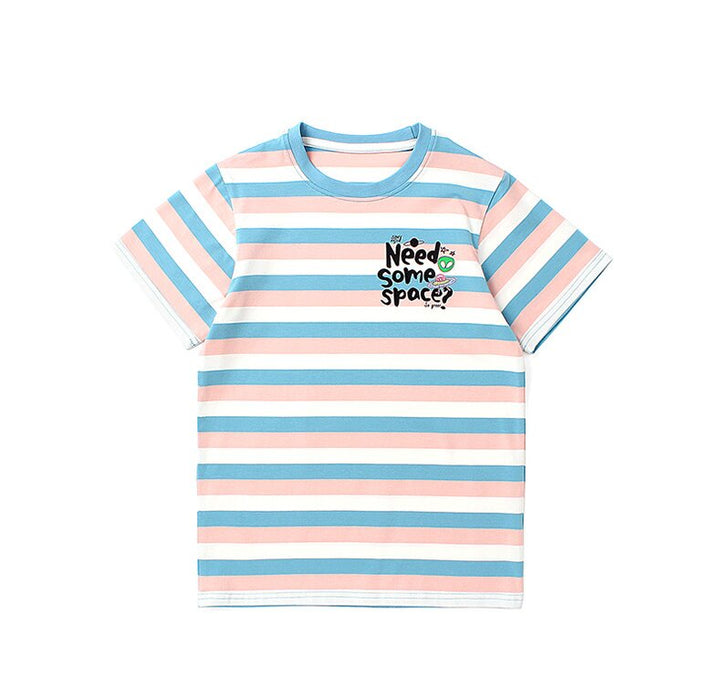 Girls Round Neck Short Sleeves Striped Regular Fit Cotton T-shirt