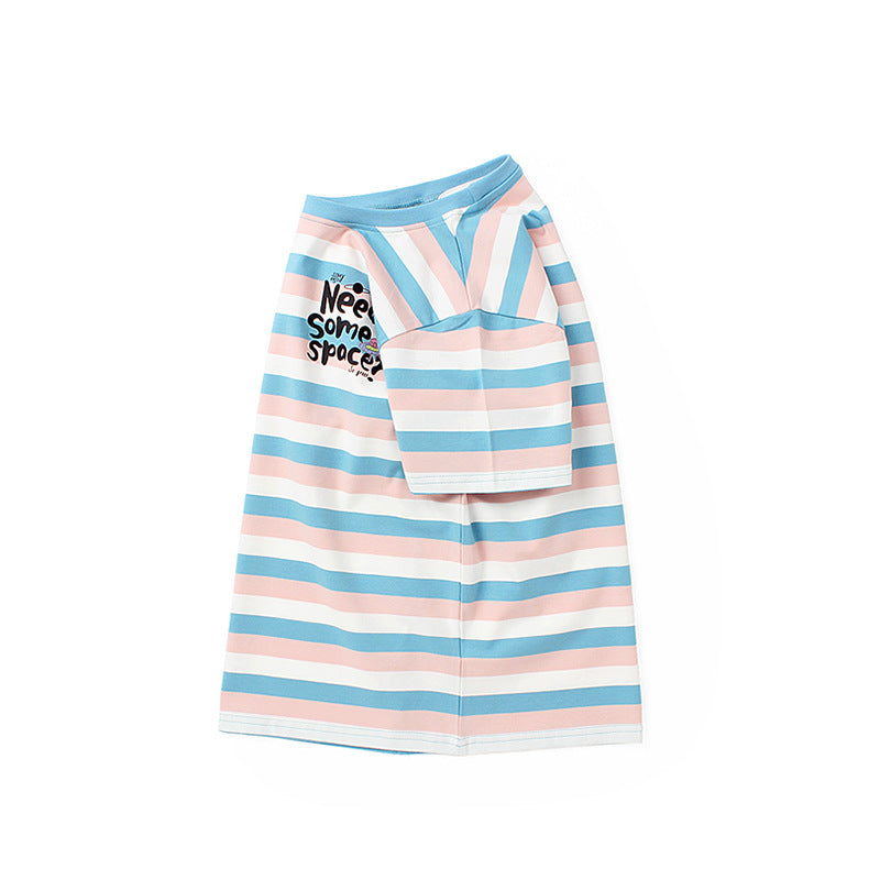 Girls Round Neck Short Sleeves Striped Regular Fit Cotton T-shirt