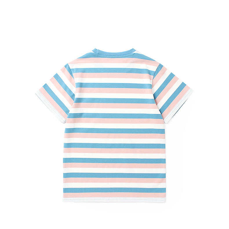 Girls Round Neck Short Sleeves Striped Regular Fit Cotton T-shirt