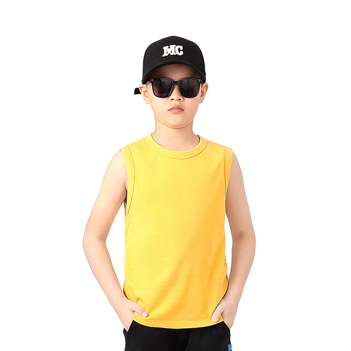 Boys Yellow Round Neck Sleeveless Cotton T-shirt