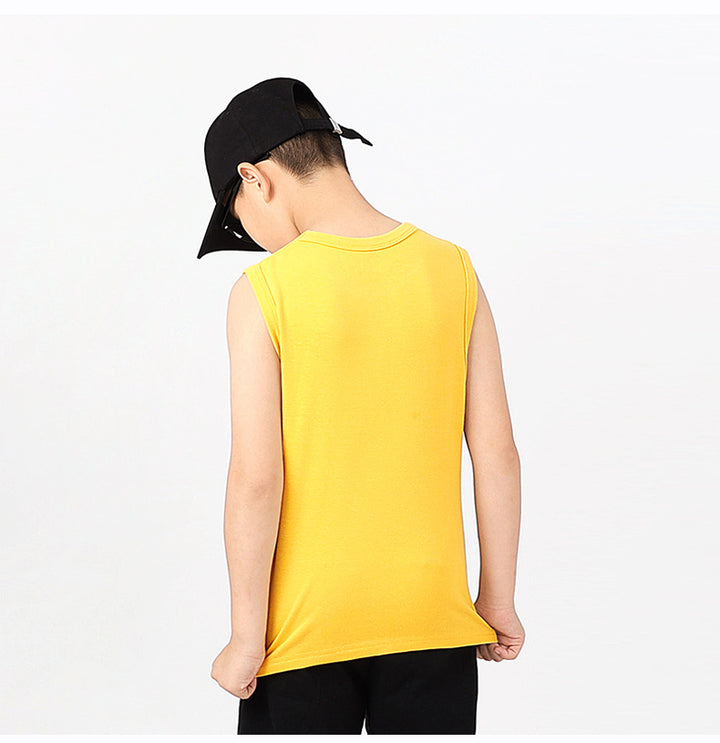 Boys Yellow Round Neck Sleeveless Cotton T-shirt