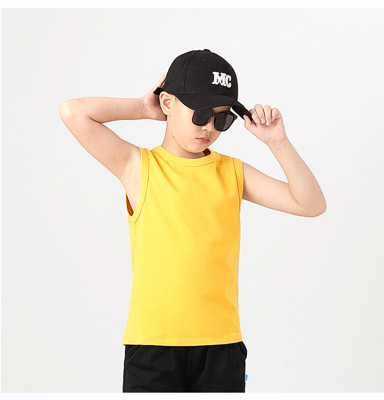 Boys Yellow Round Neck Sleeveless Cotton T-shirt