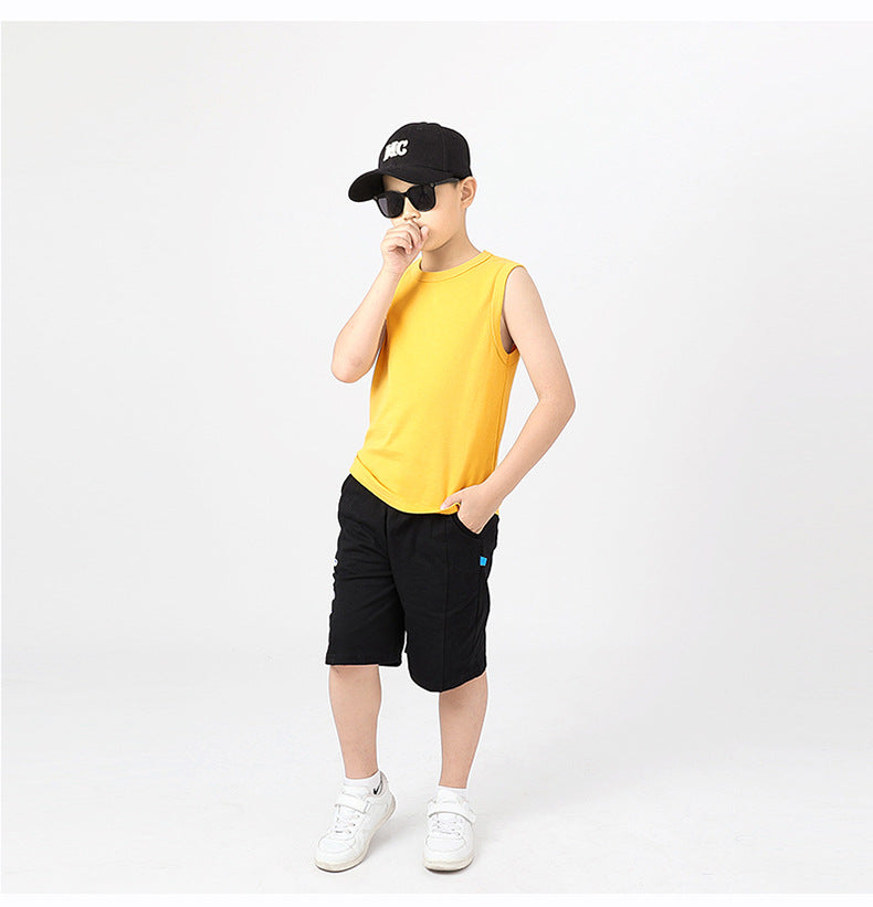 Boys Yellow Round Neck Sleeveless Cotton T-shirt