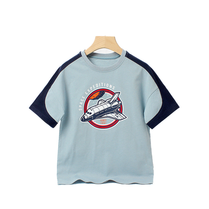 Boys Blue & Red Graphic Printed Drop-Shoulder Sleeves Cotton T-shirt