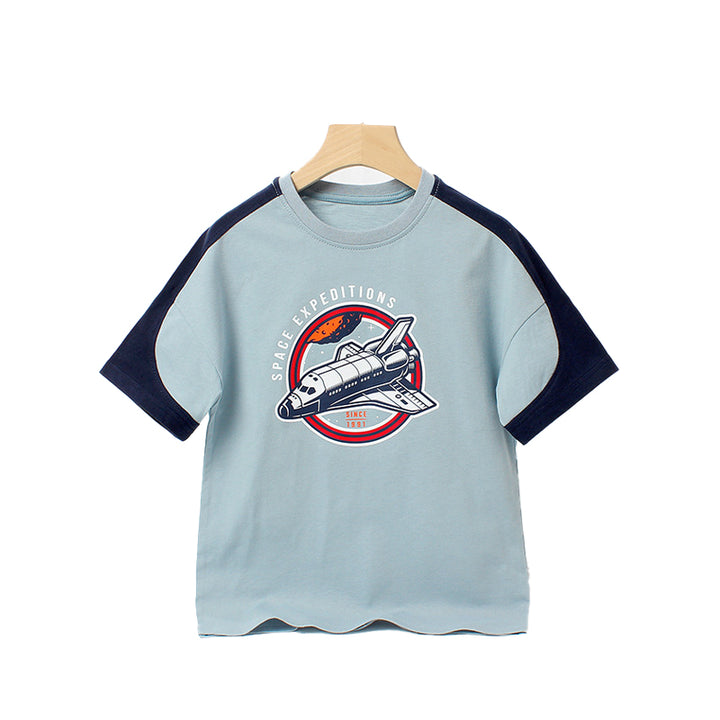 Boys Blue & Red Graphic Printed Drop-Shoulder Sleeves Cotton T-shirt