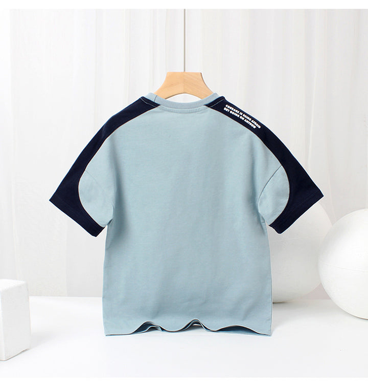 Boys Blue & Red Graphic Printed Drop-Shoulder Sleeves Cotton T-shirt