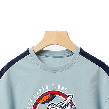 Boys Blue & Red Graphic Printed Drop-Shoulder Sleeves Cotton T-shirt