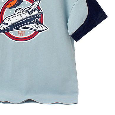 Boys Blue & Red Graphic Printed Drop-Shoulder Sleeves Cotton T-shirt