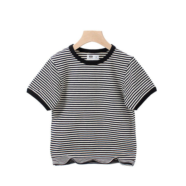 Boys Round Neck Short Sleeves Striped Regular Fit Cotton T-shirt