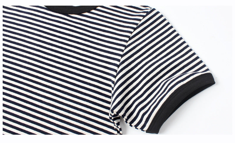 Boys Round Neck Short Sleeves Striped Regular Fit Cotton T-shirt