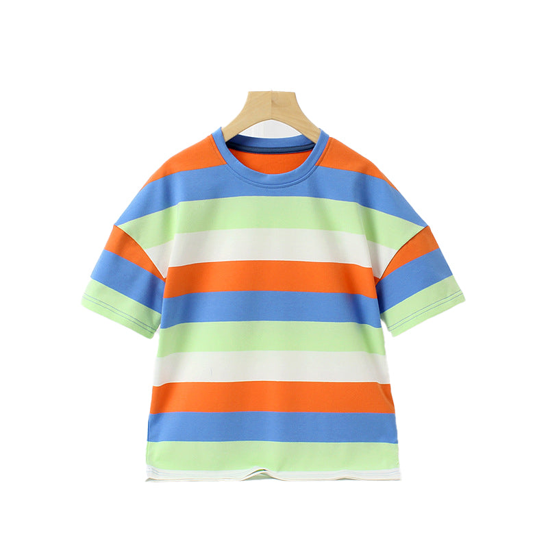 Girls Striped Printed Drop-Shoulder Sleeves Cotton T-shirt