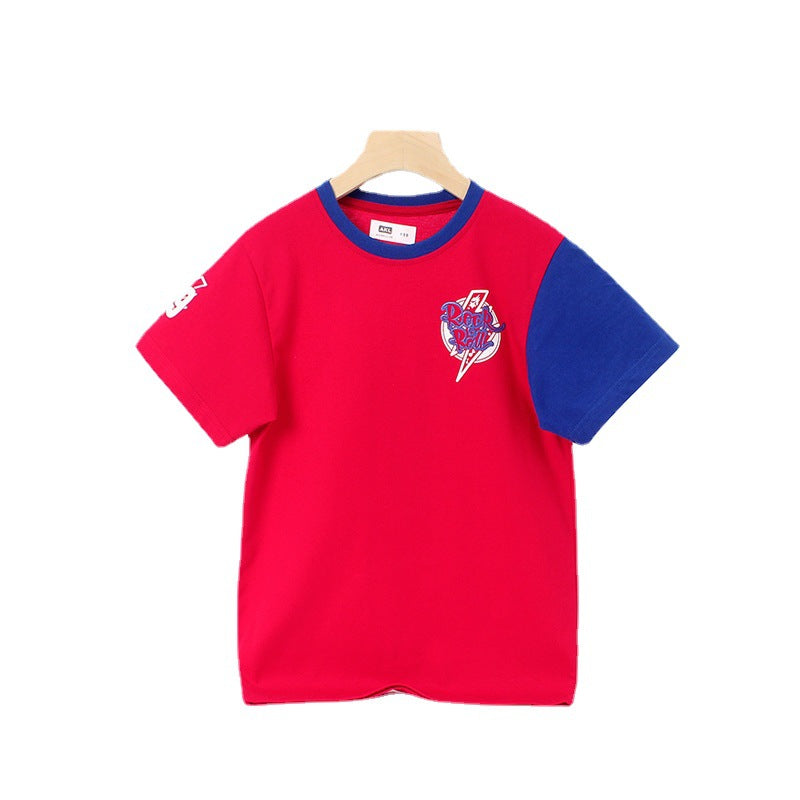 Boys Round Neck Short Sleeves Sports Printed Cotton T-shirt