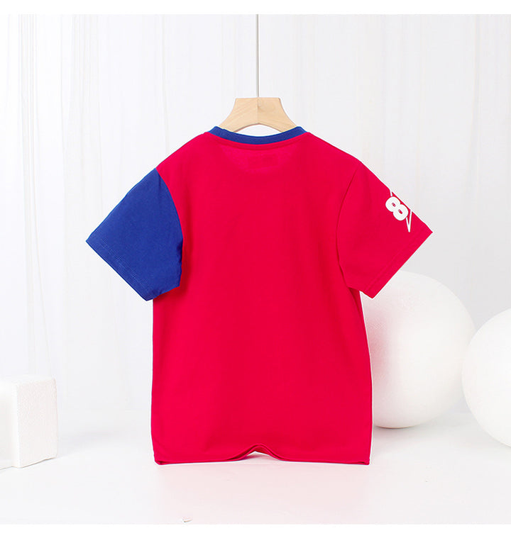 Boys Round Neck Short Sleeves Sports Printed Cotton T-shirt