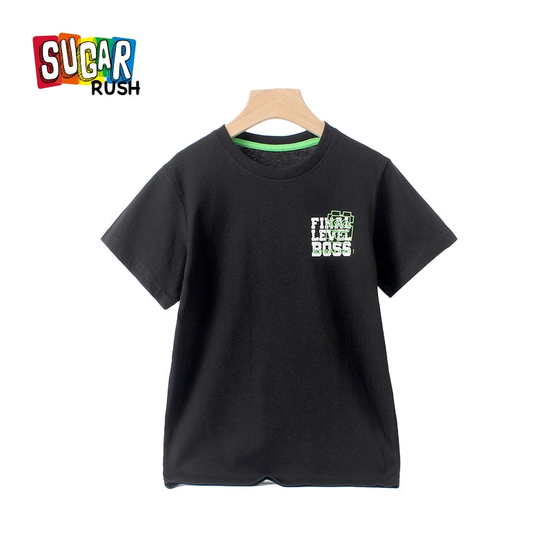 Boys Black Round Neck Cotton T-shirt