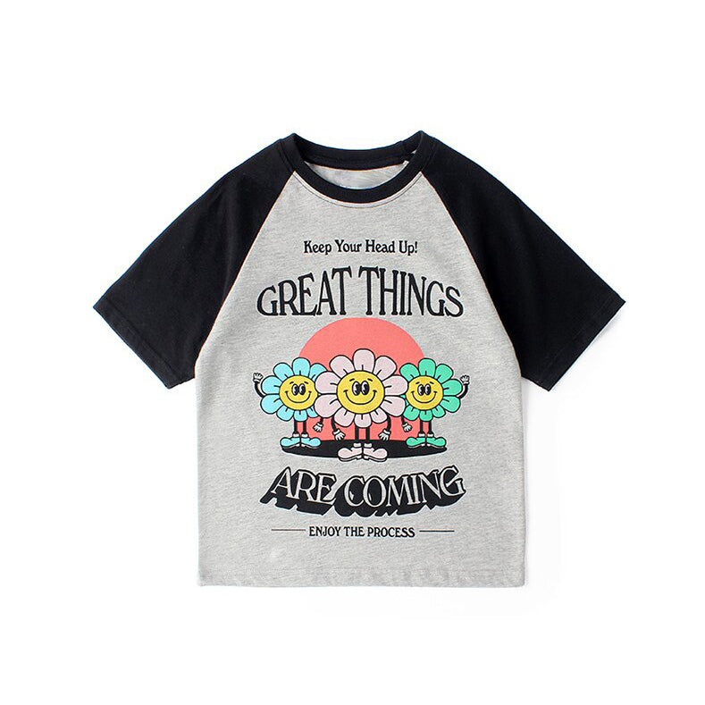 Girls Blue & Red Typography Printed Drop-Shoulder Sleeves Cotton T-shirt