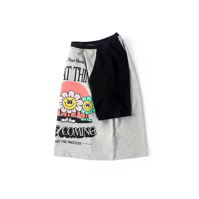 Girls Blue & Red Typography Printed Drop-Shoulder Sleeves Cotton T-shirt