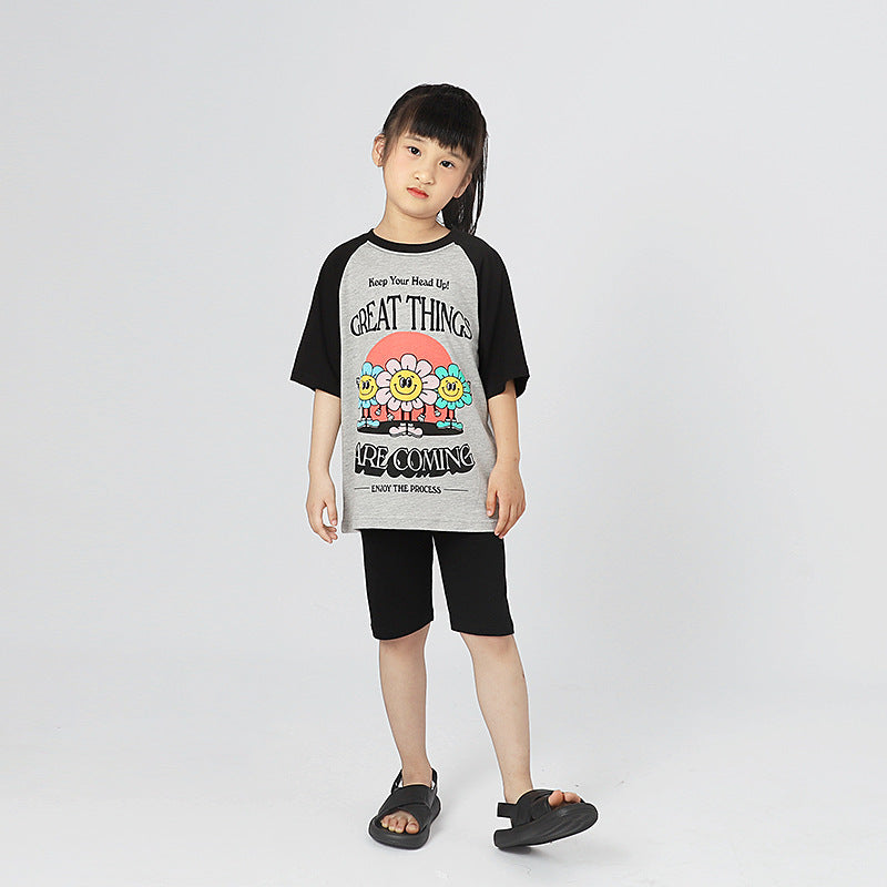 Girls Blue & Red Typography Printed Drop-Shoulder Sleeves Cotton T-shirt
