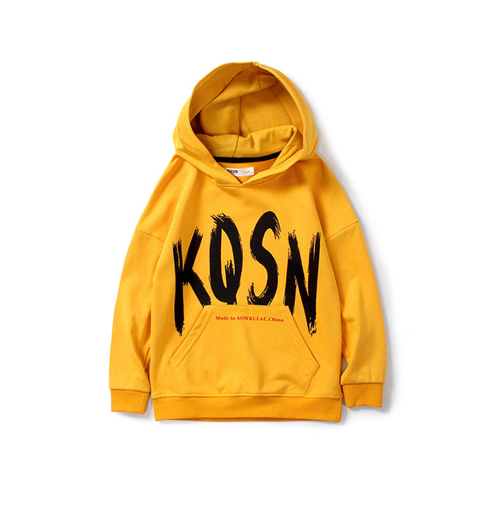 Boys Yellow & Black Typography Printed Cotton Hooded Sweatshirt