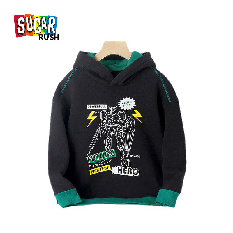 Boys Black Graphic Printed Hooded Cotton Sweatshirt