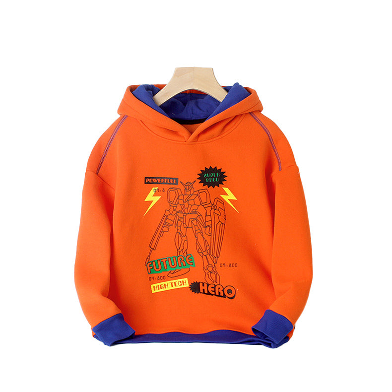 Boys Orange-Coloured Graphic Printed Hooded Cotton Sweatshirt