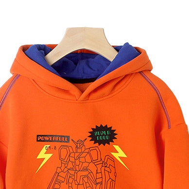 Boys Orange-Coloured Graphic Printed Hooded Cotton Sweatshirt