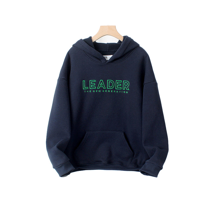 Boys Navy Blue Typography Printed Hooded Cotton Pullover